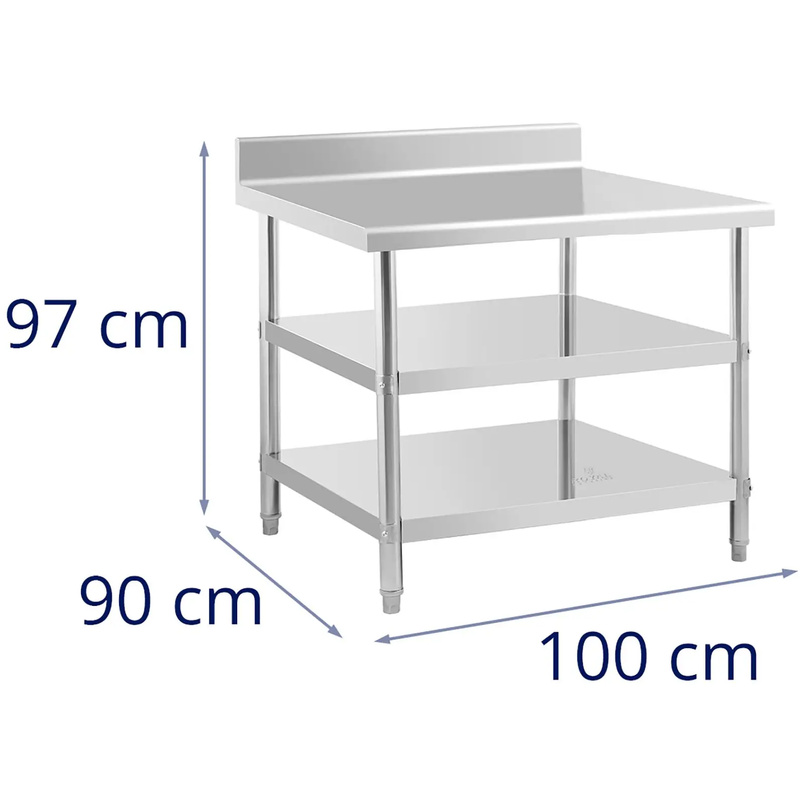 Pracovný stôl z nehrdzavejúcej ocele - s lemom - 100 x 90 x 16,5 cm - 209 kg - 2 police 