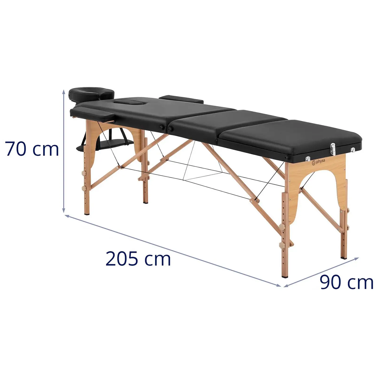 Masážny stôl rozkladací - extra široký (70 cm) - sklopná opierka nôh - bukové drevo - čierna