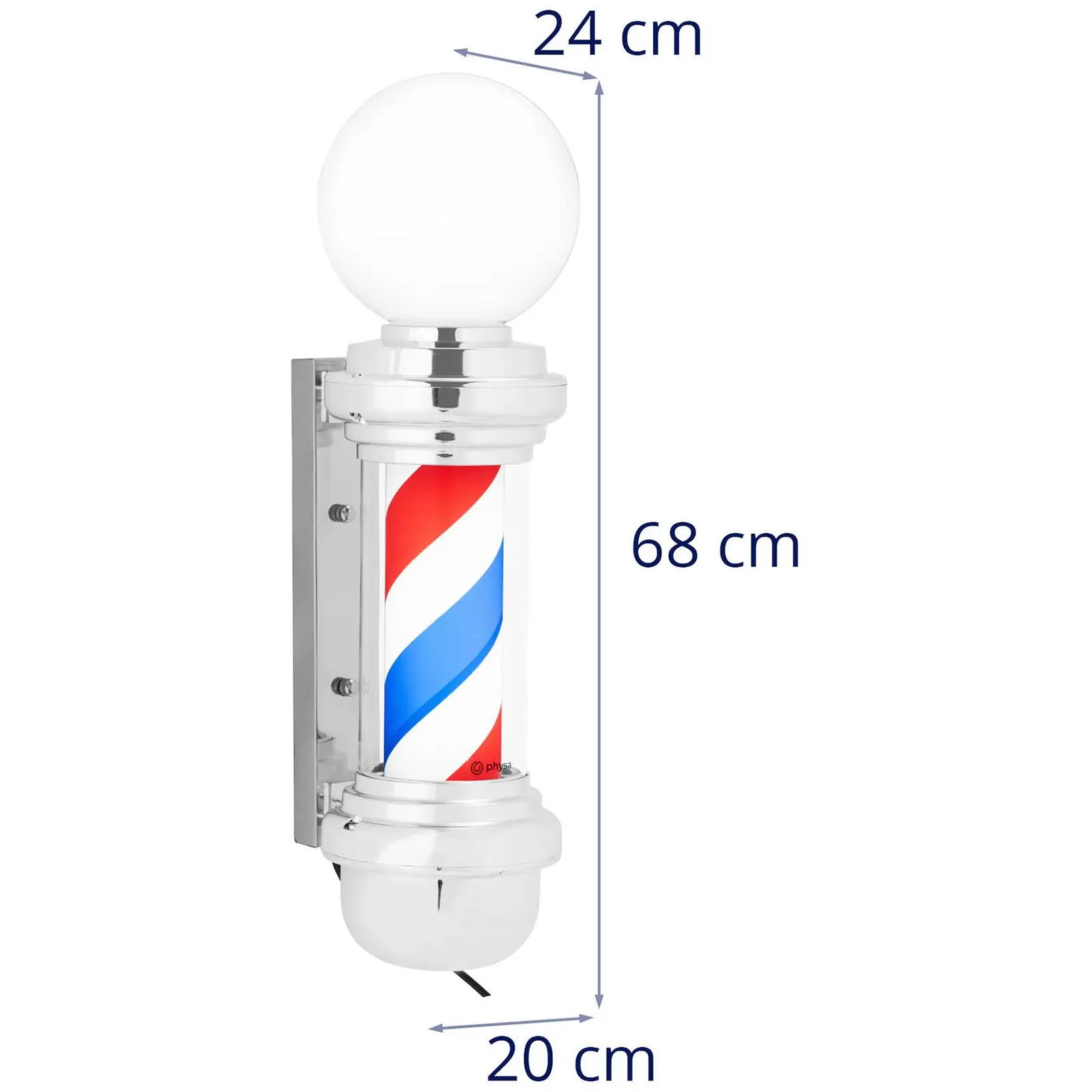 Holičská tyč - otočná a osvetlená - výška 280 mm - vzdialenosť 25 cm od steny - strieborná objímka