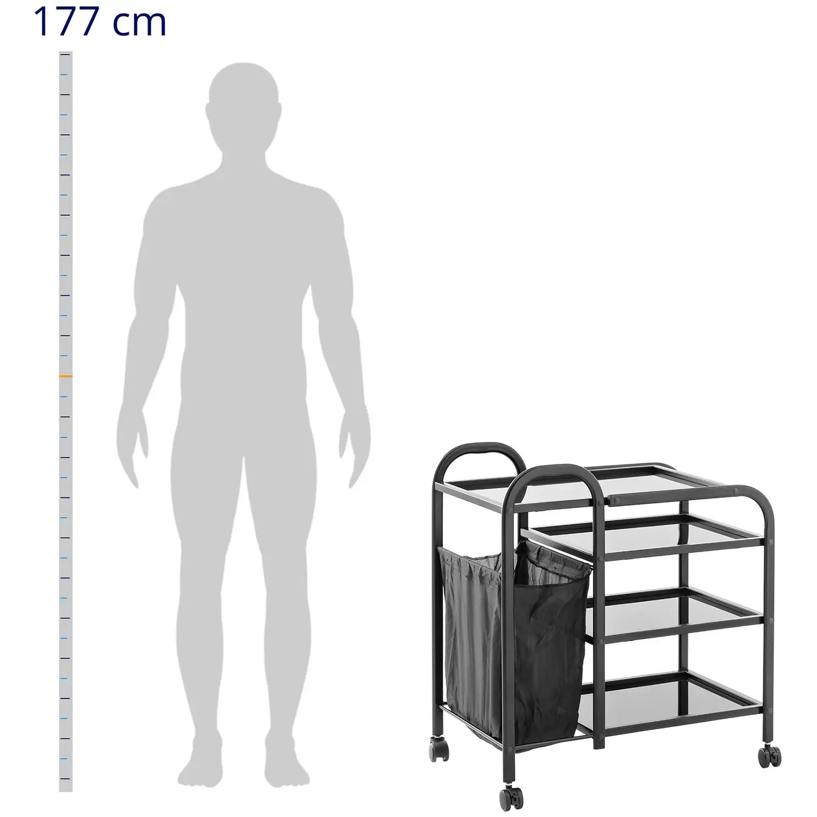 Toaletný vozík s vreckom na bielizeň 5 l – 4 Sklenené police – čierna