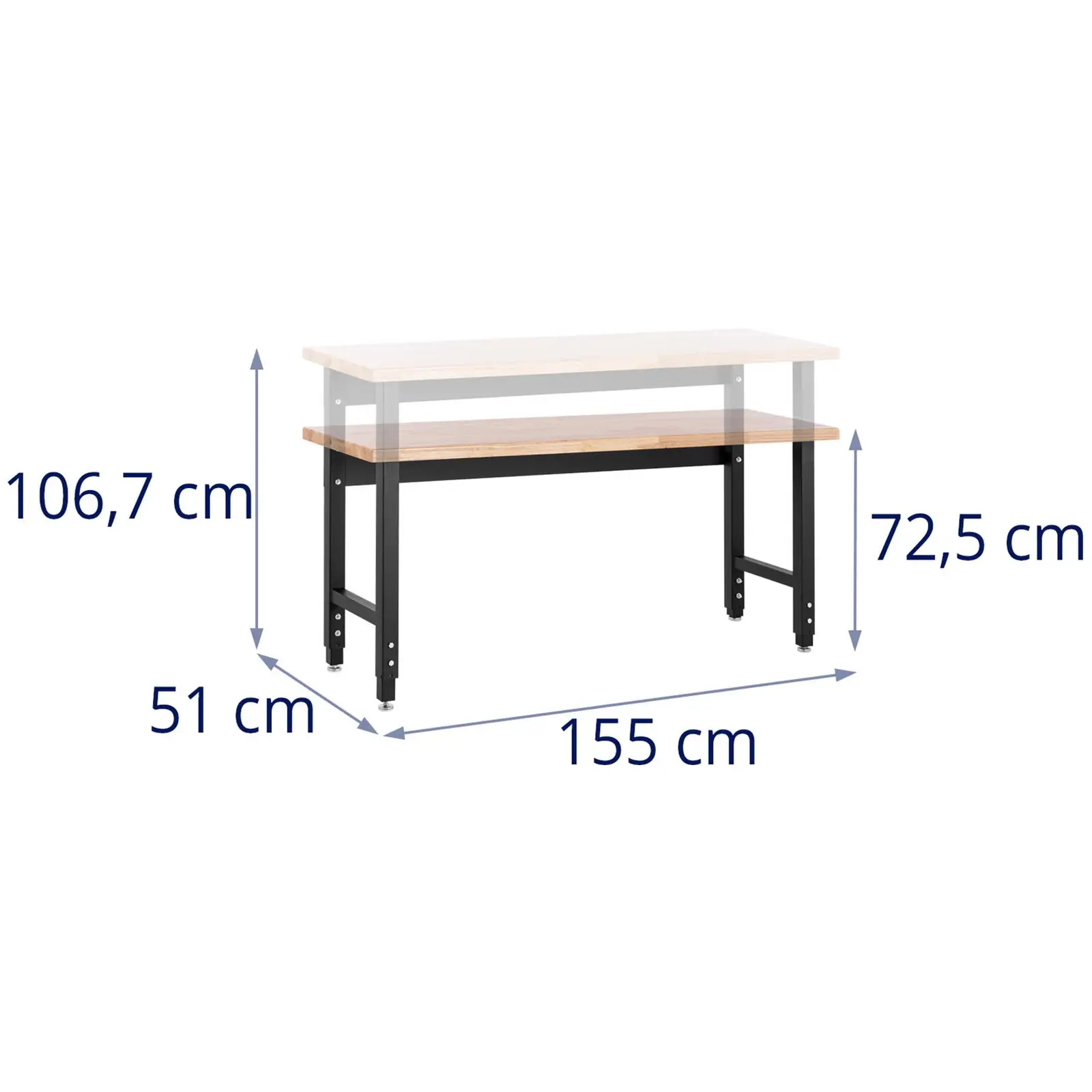 Dielenský pracovný stôl - 155 x 51 cm - výškovo nastaviteľný 72,5–106,7 cm - 680 kg - so zásuvkou a perforovanou stenou