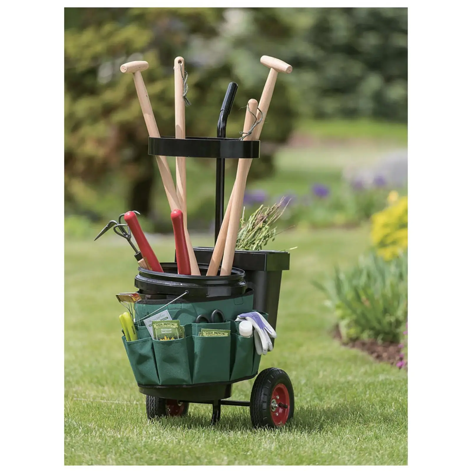 Záhradný vozík - s držiakom na náradie, 18 priehradkami a 2 vedrami - 40 kg