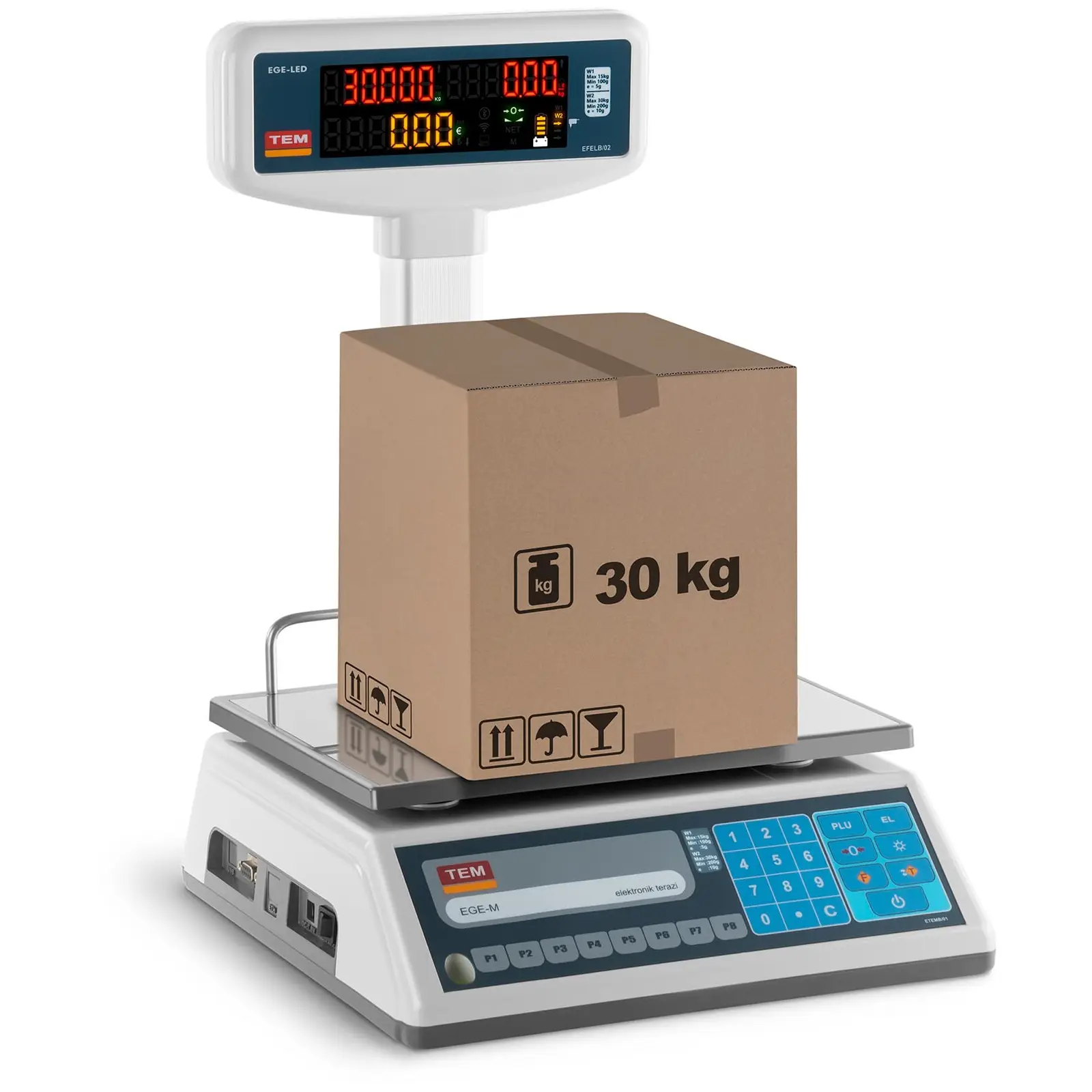 Obchodná váha - vysoký LED displej - ciachovaná - 15 kg/5 g - 30 kg/10 g