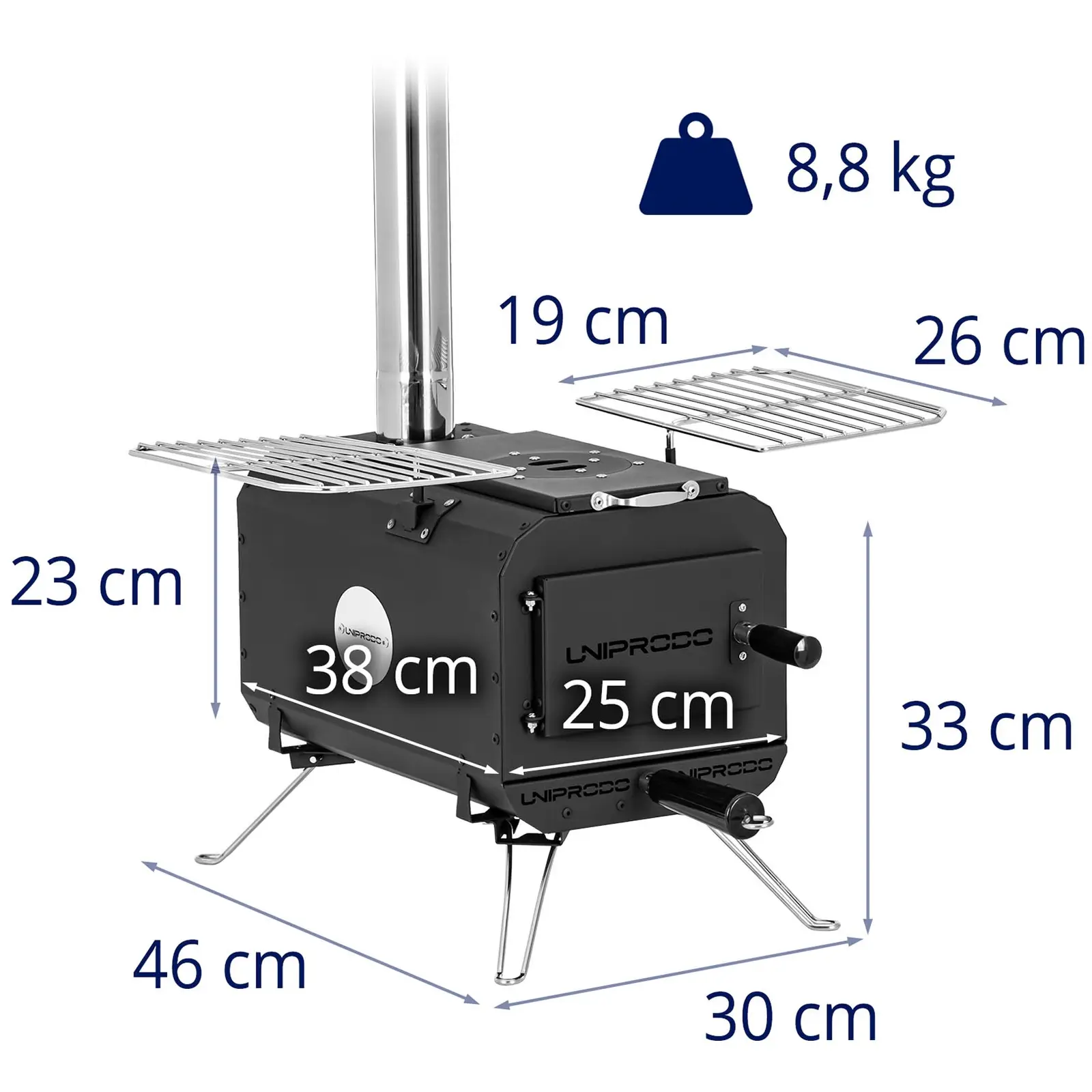 Kempingový varič - čierny - závesný - 382 x 250 x 231 mm - uhlíková oceľ