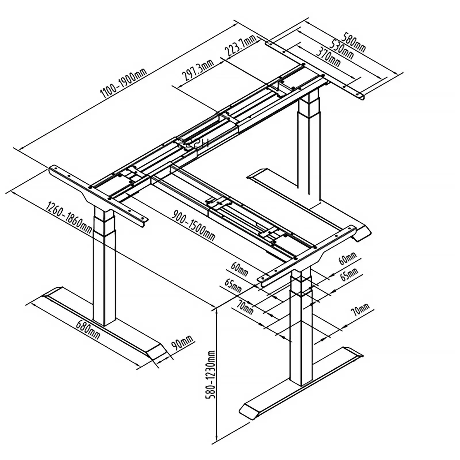 Rohový rám stola - výška: 58-123 cm - šírka: 90-150 cm (vľavo) / 110-190 cm (vpravo) - uhol: 90 ° - 150 kg